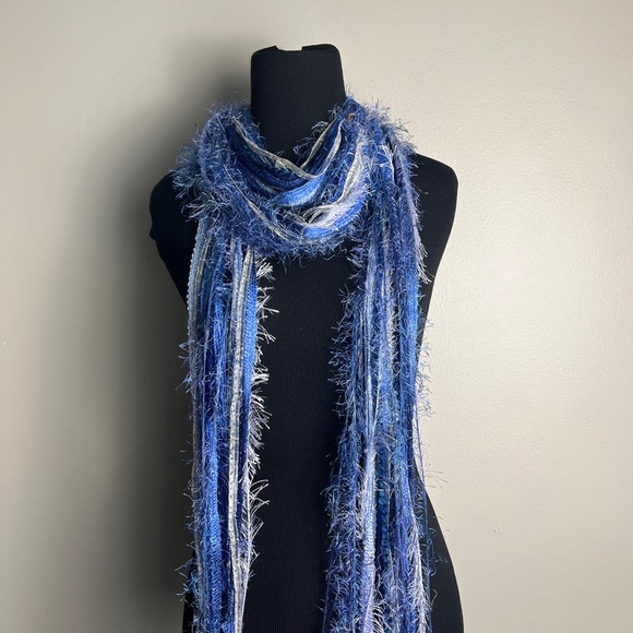 Blue and White Fringed Scarf - Picture 6 of 7